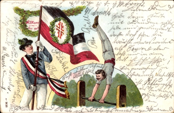 Litho Gut Heil, Turner am Barren, Turnverein, Fahne