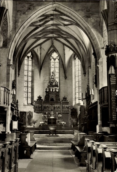 Postcard Sangerhausen am Südharz, view of the interior of St. Jacob's Church, altar arch, Gothic architecture