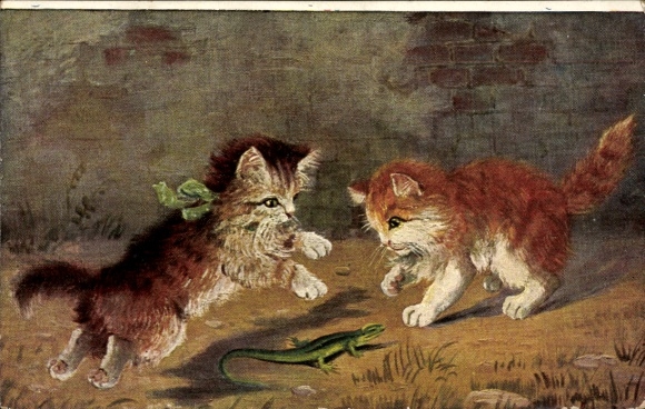 Artist Postcard Kittens playing with a salamander