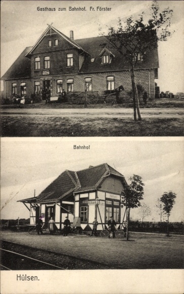 Postcard Hülsen Dörverden in Lower Saxony, train station, inn at the train station