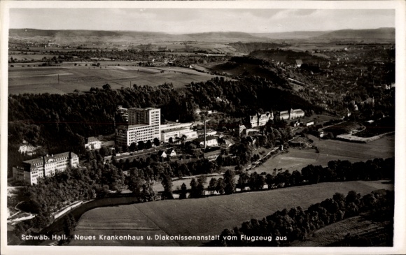 Postcard Schwäbisch Hall in Baden Württemberg, New Hospital, Deaconess Institution, aerial photograph