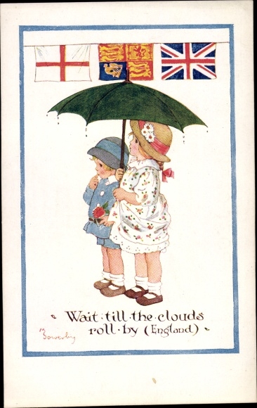 Artist Postcard Sowerby, Wait till the clouds roll by, England, costumes, national flag