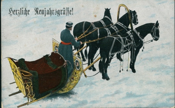 PC Happy New Year, sleigh team, man in Russian folk costume
