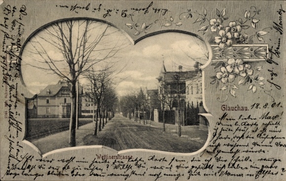 Postcard Glauchau in Saxony, Wettinerstraße, houses, trees, nostalgic appearance, flower...