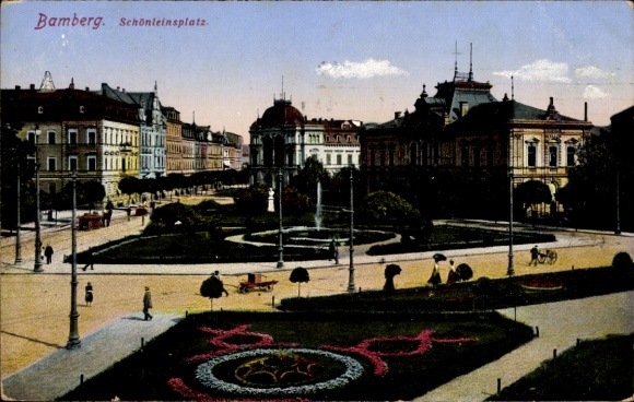 Postcard Bamberg in Upper Franconia, Schönleinsplatz, buildings, park, people, floral pattern