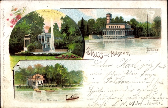 Chromo-Litho Potsdam in Brandenburg, Schloss Glienecke, Restaurant Moorlake, Heilandskirche Sakrow