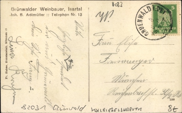 Postcard Grünwald in the district of Munich, Grünwalder Bridge, Grünwalder Weinbauer, owner B. Adlmüller