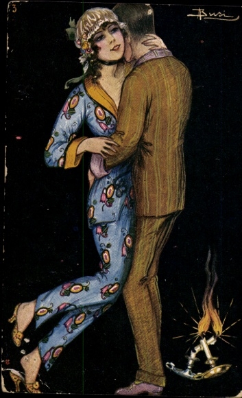 Artist Postcard Busi, Adolfo, lovers, woman in colorful pants suit, pajamas