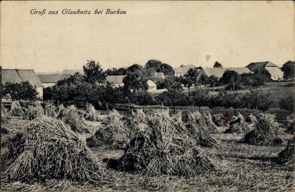 Postcard Glaubnitz near Burkau in Saxony, partial view, field, haystack