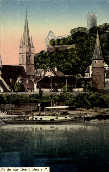 Postcard Gemünden am Main Lower Franconia, partial view, church tower, ruin
