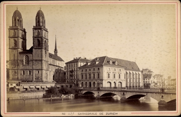 Cabinet photo Zurich City Switzerland, Cathedrale, Bridge, 1879, Photographer Garcin, Geneva