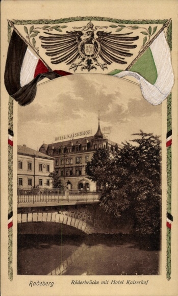 Passepartout Postcard Radeberg Saxony, Röderbrücke, Hotel Kaiserhof, eagle, flags