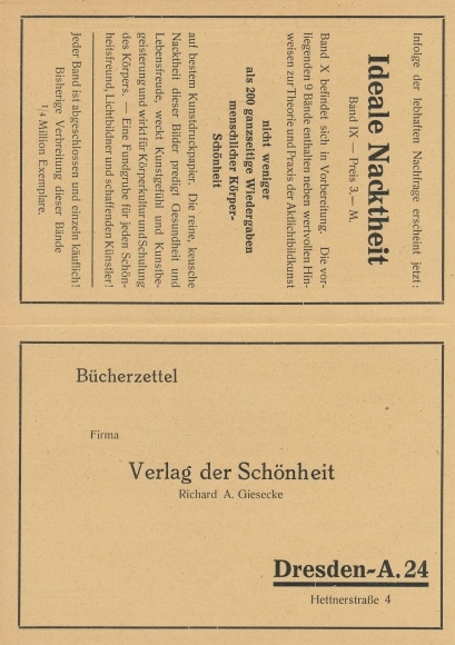 Artist PC Köhler, M., book order card, ideal nudity, publishing house of beauty
