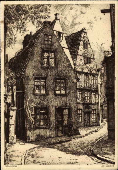 Artist Postcard Hanseatic City of Bremen, view of the old town, Schumacher, advertising Eduscho coffee