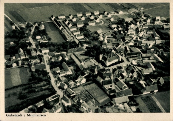 Postcard Giebelstadt in Lower Franconia, aerial view of many houses, rural surroundings, black and white