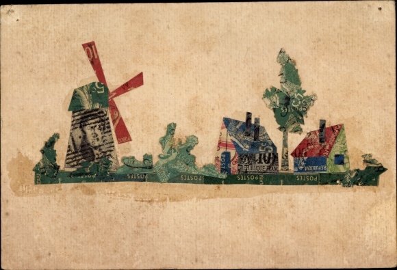 Postage Stamp PC Windmill and Houses from Postage Stamps