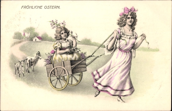 Ak Glückwunsch Ostern, Frau mit Tochter, Ziegen