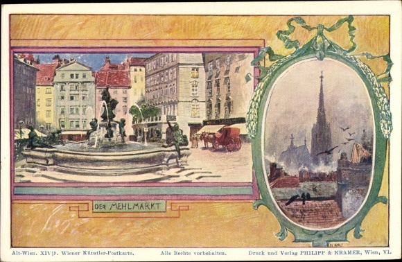 Artist PC Wilt, H., Vienna 1 Austria, flour market, church tower, new market