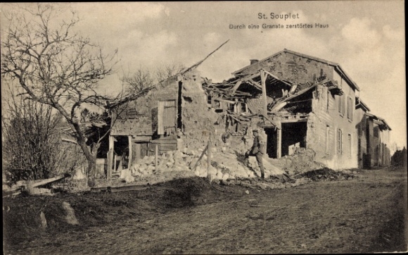 Ak St. Souplet Nord, Durch eine Granate zerstörtes Haus 
