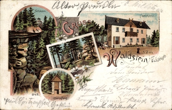 Chromo-Litho Zell im Fichtelgebirge, Waldstein, forester's house, bear trap, bowl, castle ruins