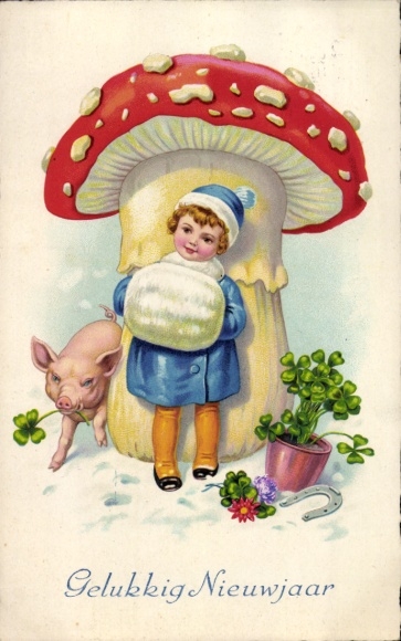 Ak Glückwunsch Neujahr, Mädchen, Pilz, Schwein, Glücksklee, Amag 2618