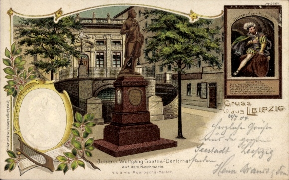 Reliëflitho Leipzig in Saksen, Goethe Monument, Auerbachs Keller, Naschmarkt, Bruno Bürger