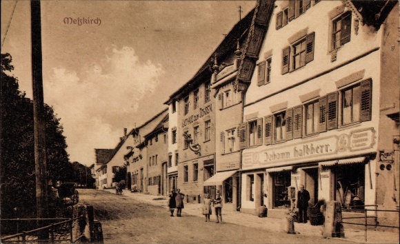 Ansichtkaart Meßkirch in Opper-Zwaben, straatgebied, winkel van Johann Halbherr