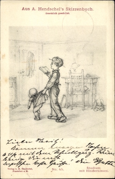 Kunstenaar litho Hendschel, A., Studeren met obstakels, jongen, baby
