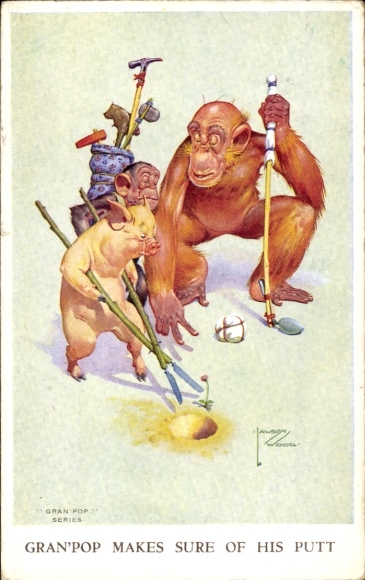 Artist Postcard Wood, L., Chimpanzees playing golf, pig removes a flower