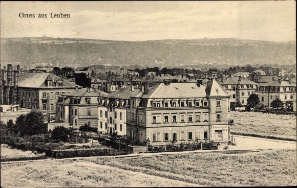 Ansichtkaart Dresden Leuben, totaalaanzicht van het dorp