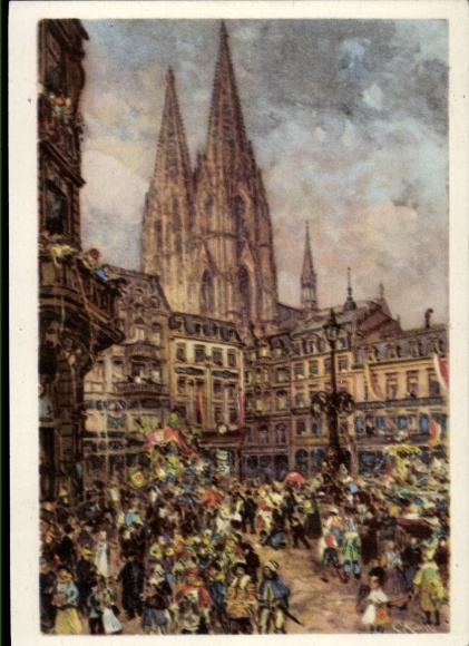 Postal stationery artist PC Cologne on the Rhine, carnival, parade, cathedral