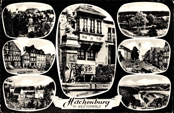 Postcard Hachenburg in the Westerwald, Alter Markt, market fountain, Marienstatt Abbey, partial views