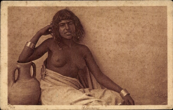 Postcard Maghreb, Arab woman with bare breasts, water jug