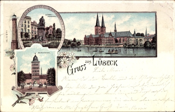 Chromo-Litho Hanseatic City of Lübeck, Museum, Cathedral, Burgtor, Geibel Monument
