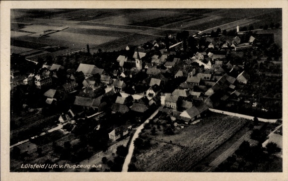 Postcard Lülsfeld in Lower Franconia, aerial view of many roofs, landscape, no personalities,