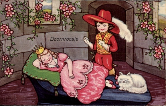 Kunstenaar Ansichtkaart Boriss, M., Doornroosje, Doornroosje, Slapend Meisje, Prins, Kat
