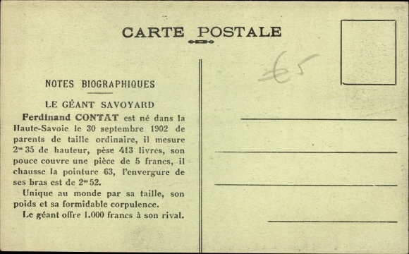 Postcard Le Géant Savoyard, Ferdinand Contat, 2.35m Height
