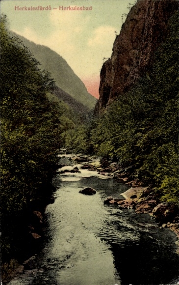 Ak Băile Herculane Herkulesfürdö Herkulesbad Roemenië, rivierlandschap, bergen, bomen, tekst: Herku