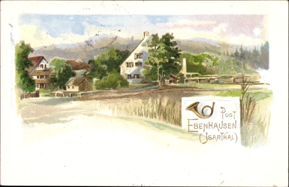 Litho Ebenhausen Schäftlarn Opper-Beieren, plaats, posthoorn
