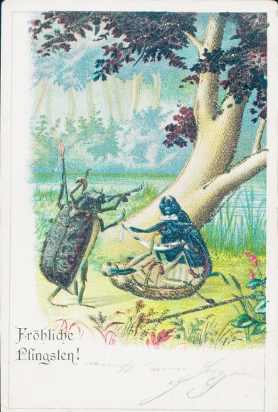 Glitter Chromo-Litho Congratulations Pentecost, Maybug, Tree