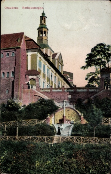 Ak Grudziądz Graudenz Westpreußen, Rathaustreppe,  farbige ,  Architektur