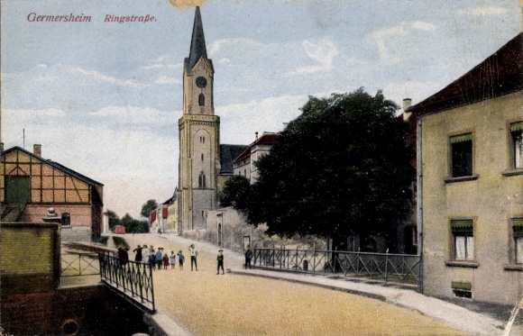 Postcard Germersheim am Rhein, Ringstrasse with church, bridge