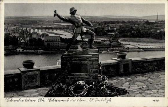 Postcard Boppard am Rhein, memorial, soldier, Rhine, 28th Infantry Regiment, river landscape
