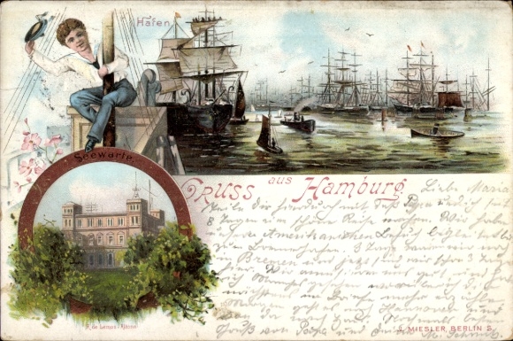 Litho Hamburg St. Pauli, Segelschiffhafen mit Seewarte, Matrose am Mast