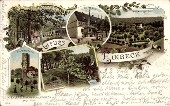 Litho Einbeck am Harz, Mühle, Storchenturm, Gasthof Teiche, Waldpromenade, Rathaus, Waldschlösschen