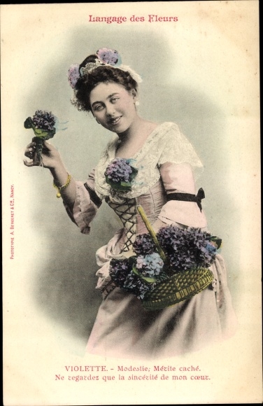 Postcard Language of Flowers, Violette, Veilchen, Blumensprache, Frau