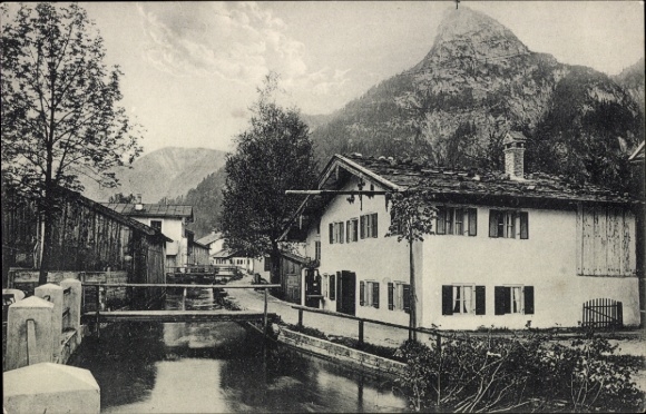 Postcard Oberammergau in Upper Bavaria, landscape with houses, river, mountains, Am Mühlbach