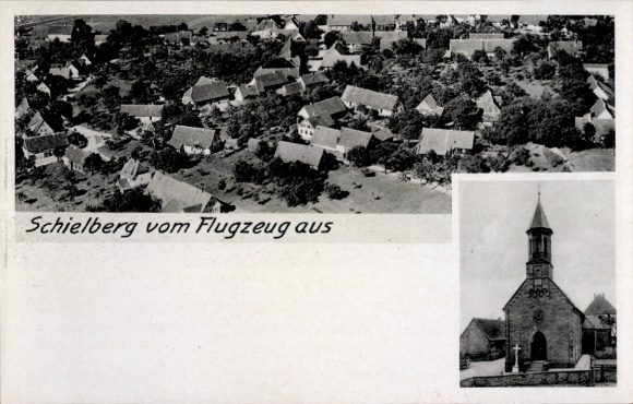 Postcard Schielberg Marxzell in Baden Württemberg, aerial view of church in picture, text: Schielberg v