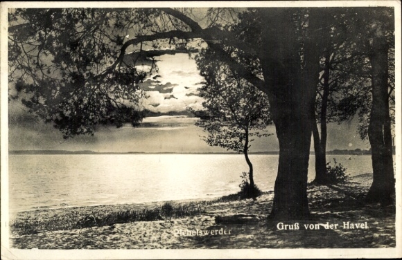 Postcard Berlin Spandau Wilhelmstadt Pichelswerder, Greetings from the Havel, riverside