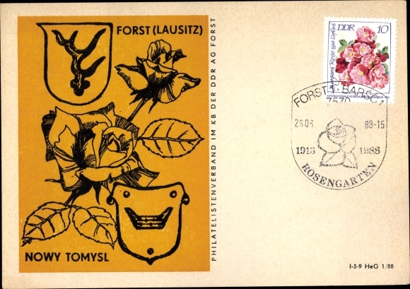 Postcard Forst in der Niederlausitz, Nowy Tomysl, coat of arms, roses